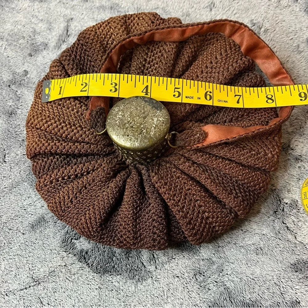 Victorian Brown Crochet Reticule Purse with Ornate Hinged Metal Lid